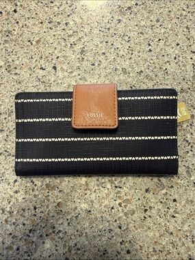 Fossil Black Wallet with Tan Snap and Cream Stripe Detail